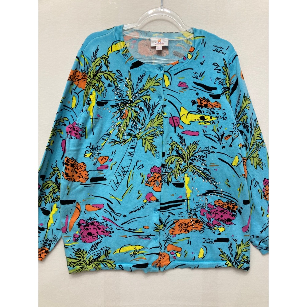 Quacker Factory Cardigan 1X Blue Tropical Palm Tree Beaded Button Front Knit